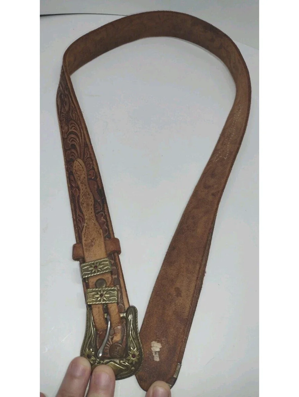 Vintage 80s Justin Western Ranger Belt Tooled Leather Brass Floral Red Stones 30